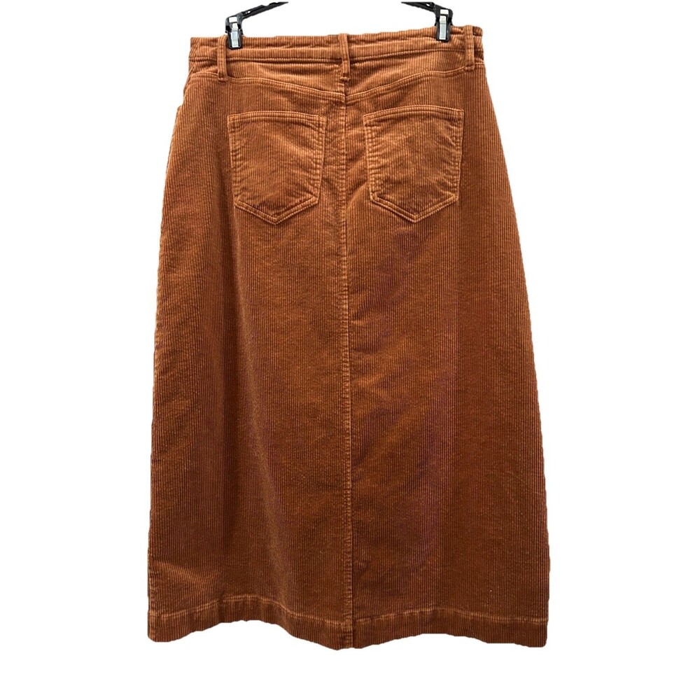 LOFT Corduroy Midi Skirt Womens Size 4 Brown Front Slit Zipper Pockets Belt Loop